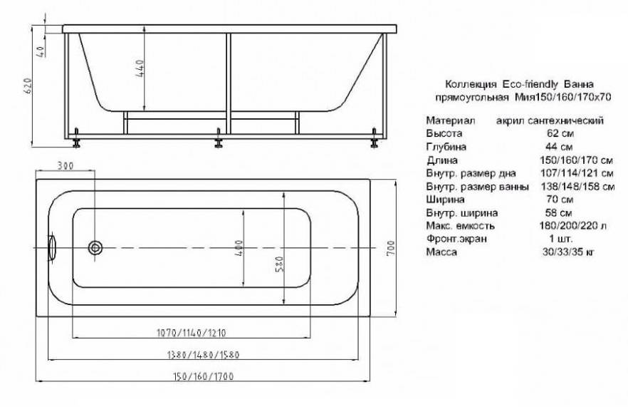 Ванна чертеж с размерами